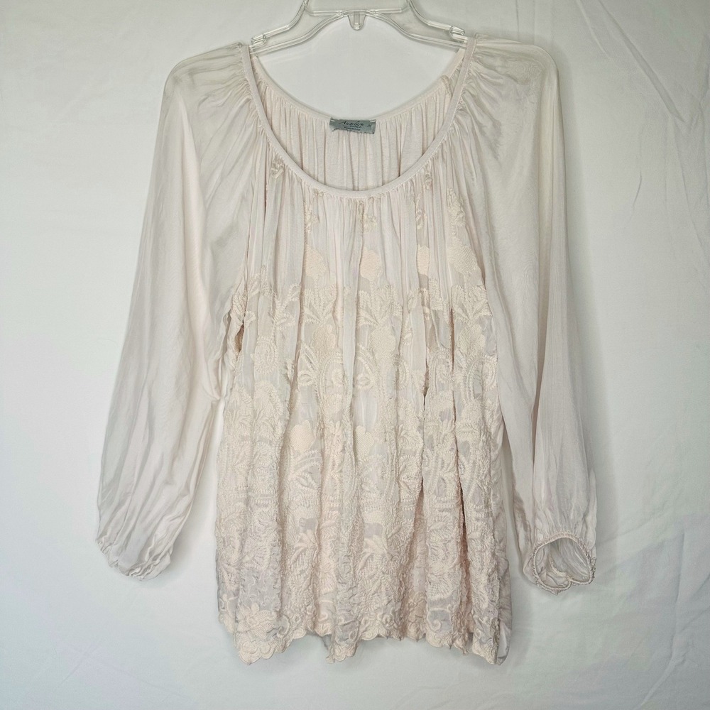 Angela Moda Italy Silk Blend Embroidered Peasant Blouse Cream Floral Medium